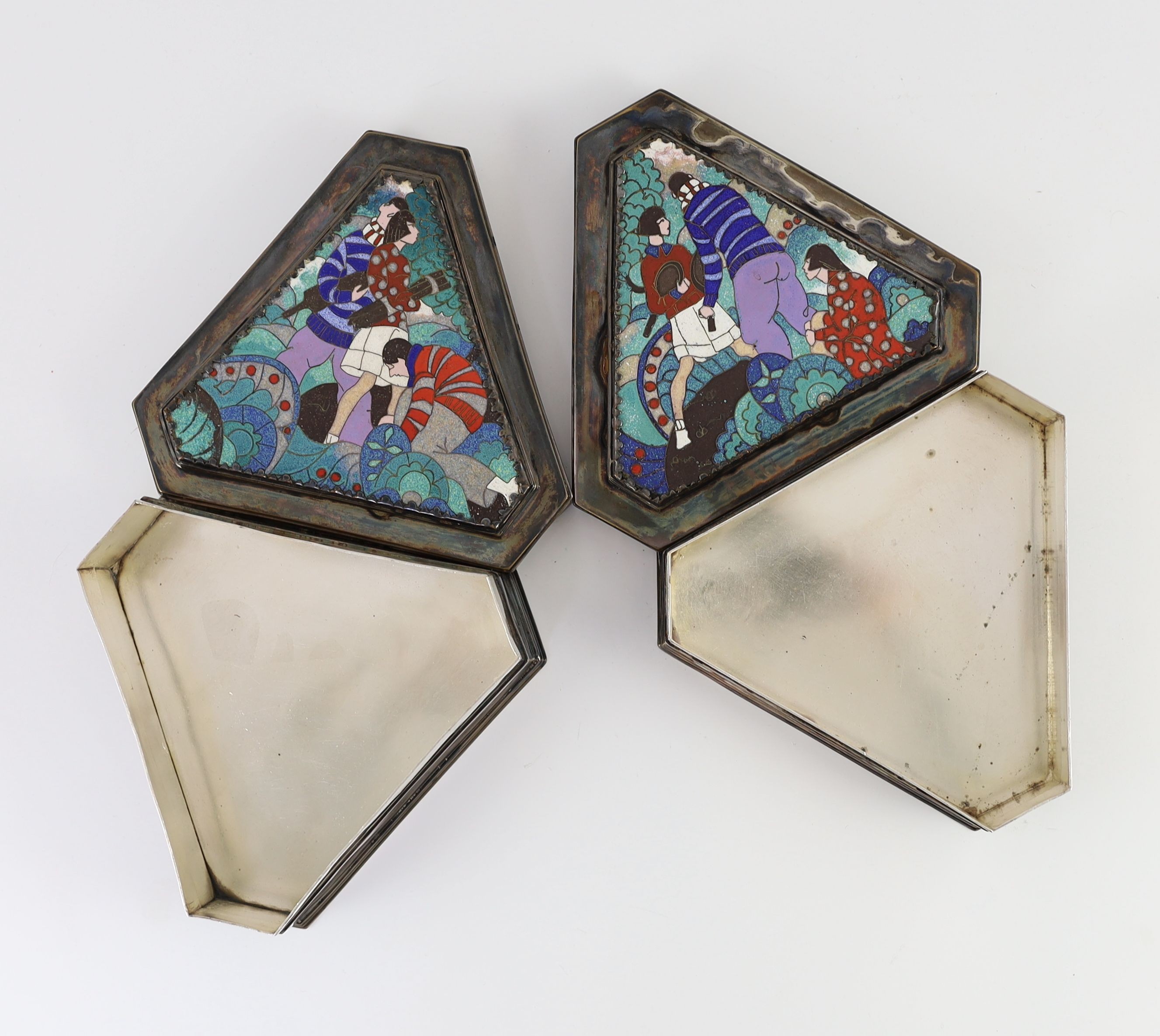 A pair of unusual Art Deco electroplated and cloisonné enamel panelled boxes and covers, 14 x 16cm height 6cm